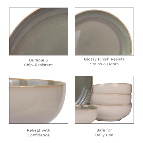 Sango 16-Piece Stoneware Dinnerware Set for 4, Glossy Cream/Green Big Dinner Plates and Bowls Sets with Reactive Glaze, Ceramic Dish Set, Modern Dishes, Microwave & Dishwasher Safe, Resona Moss - color: Green/Cream, size: 16-Piece Set