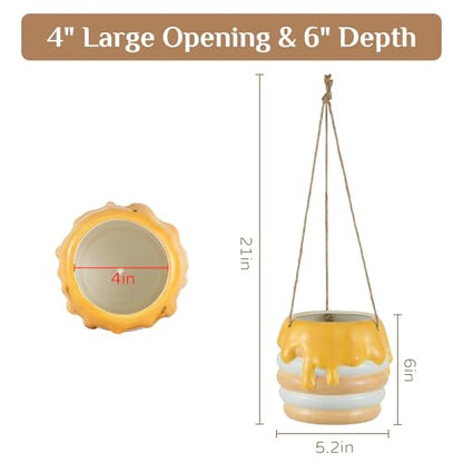 Bee Hanging Planter Gifts for Women: Ceramic Flower Pot with Drainage - color: Milky White & Beige-honey Jar