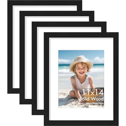 Vittanly Solid Wood 11x14 Picture Frames Set of 4, Black | 8x10 Picture Frame with Mat, Gallery Wall Frame Set, 11 x 14 Frame for Wall & Tabletop Display, Family, Pet, Christmas - color: Black, size: 11x14