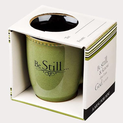 Christian Art Gifts Sage Green Stoneware Coffee Mug – 13 oz. Microwave and Dishwasher-safe Lead-free Inspirational Scripture Coffee and Tea Mug for Men & Women with Bible Verse: Be Still – Psalm 46:10 - color: Green