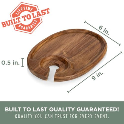 PICNIC TIME Wine Appetizer Plates, Set of 4 Wooden Cocktail Plates with Glass Holder, Mini Charcuterie Boards for Wine and Cheese Parties, Acacia Cheese Board Serving Trays (Oval - Acacia Wood)