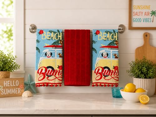 Beach Bum Kitchen Hand Towels, 100% Cotton, Coastal Dog Surfing Design with Red Pom Pom Fringe, 3 Piece Set - color: Beach Dogs