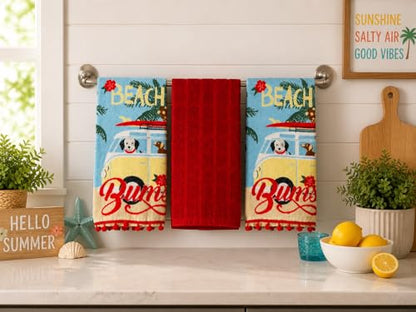 Beach Bum Kitchen Hand Towels, 100% Cotton, Coastal Dog Surfing Design with Red Pom Pom Fringe, 3 Piece Set - color: Beach Dogs