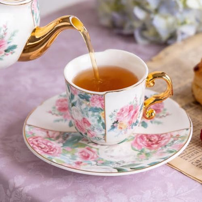 KAMMAK Tea Cups and Saucers Set of 2, 4 oz Porcelain Coffee Cups, YX013 | Stackable Espresso Mugs, Ceramic Demitasse for Coffee, Cappuccino, Latte, Americano, Tea - size: 8CZYX013