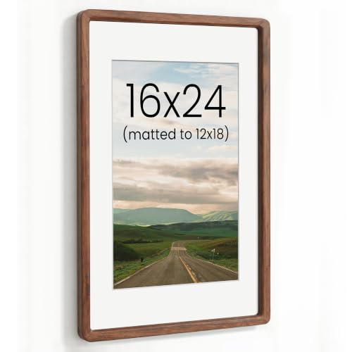 Acovy 16x24in Picture Frame, Natural Solid Walnut Handcrafted Wooden Photo Frame, Dual Use for Wall Mount, Matted to Fit 12"x18" Photos, HD Tempered Glass, Pre-Installed Stand & Hanging Hook - color: Walnut, size: 16x24in