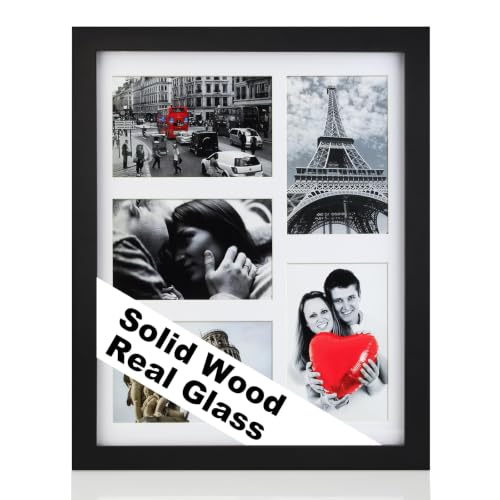 RPJC 5 Opens 4x6 Collage Solid Wood and Glass Cover Picture Frames Black | 11x14 Photo Frames without mat, Wall display, Gift-Ready in White Box. A tasteful gift - color: Black, size: 11x14-5opening