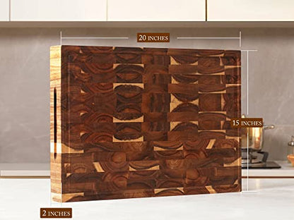 Acacia End Grain Wood Cutting Board 20x15x2 In Thick Butcher Block | Double-Sided Chopping Boards,Wooden Butcher Block,Chopping Board For Kitchen, Juice Groove Handles,Non-Slip Mat - size: 20"L x 15"W