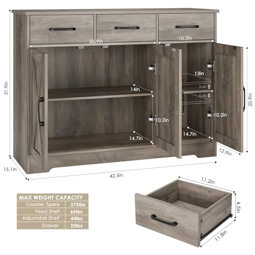 HOSTACK Kitchen Buffet Cabinet with Storage, Sideboard Coffee Bar, Grey | Farmhouse Kitchen Storage Cabinet with 3 Drawers & Adjustable Shelf, 42.5"W Buffet Table for Dining Living Room, White - color: Ash Grey