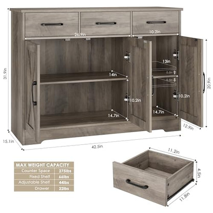 HOSTACK Kitchen Buffet Cabinet with Storage, Sideboard Coffee Bar, Grey | Farmhouse Kitchen Storage Cabinet with 3 Drawers & Adjustable Shelf, 42.5"W Buffet Table for Dining Living Room, White - color: Ash Grey