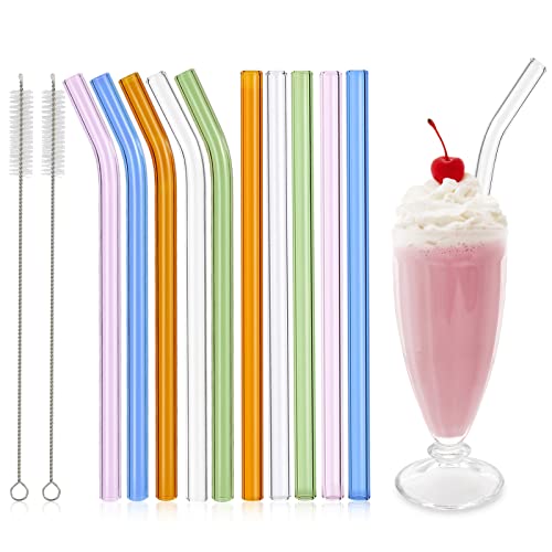 10 Pcs Reusable Glass Smoothie Straws,9''x12 mm Glass Drinking Straws for Milkshakes, Tea, Juice,Set of 5 Straight and 5 Bent with 2 Cleaning Brushes -Dishwasher Safe(Colorful)
