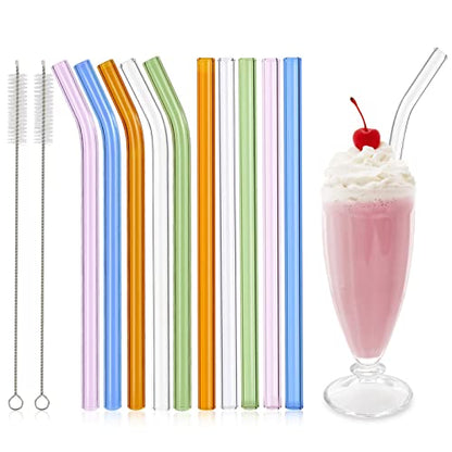 10 Pcs Reusable Glass Smoothie Straws,9''x12 mm Glass Drinking Straws for Milkshakes, Tea, Juice,Set of 5 Straight and 5 Bent with 2 Cleaning Brushes -Dishwasher Safe(Colorful)