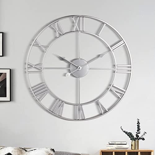 1st owned Large Wall Clock, Metal Retro Roman Numeral Clock, Modern Round Wall Clocks Almost Silent, Easy to Read for Living Room/Home/Kitchen/Bedroom/Office/School Decor (Silver, 16 Inch) - color: Silver, size: 16 Inch
