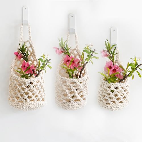 3 Pack Macrame Plant Hanger, Wall Hanging Plant Baskets, Boho Woven Holder, Small Decorative Hanging Pots for Plant and Kitchen Storage, Bedroom, Bathroom & Wall Hanging Decor (White) - color: White