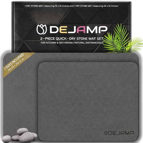 Stone Bath Mat Set - Diatomaceous Earth Bath Surface 24x15 Inches - Stone Kitchen Mat 18x14 Inches - Quick Drying Bathroom Floor - Absorbent Non SLP - 2 Pack for Bathroom and Kitchen - Grey