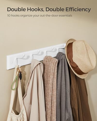 SONGMICS Wall-Mounted Coat Rack, 5 Dual Metal Hooks | For Coats, Bags, Keys, in the Entryway, Bedroom, Living Room ULHR235W01 - color: White, size: 1 Pack-5 Hooks, style: Without Shelf