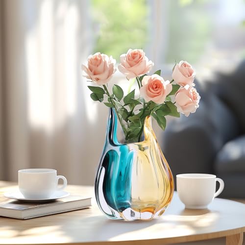 Hand Blown Glass Vase, Medium Wide Mouth Flower Vase Unique Modern Turquoise Glass Art Decor, Nonbreakable Vases for Table Centerpieces Living Room Decorative Amber and Teal Vase - size: Small