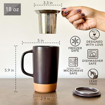 Mora Ceramics Large Tea Mug with Loose Leaf Infuser and Ceramic Lid, 18 oz, Portable, Microwave, Dishwasher Safe, Tall Coffee Cup - Rustic Matte Ceramic Glaze, Modern Herbal Tea Strainer, Nightwaves - color: Nightwaves