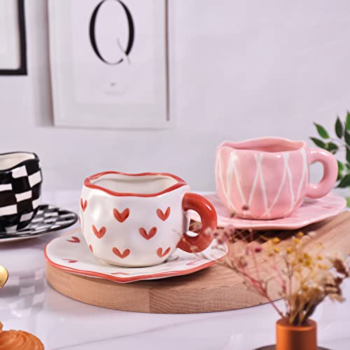 Koythin 10oz Irregular Ceramic Mug With Saucer, Red Heart Latte Tea Cup | 300ml Creative Heart Cup, Dual Safe Ceramic; Home Office Use, Lovely Women Gift - color: Red Heart