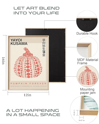 UPWOIGH Yayoi Kusama Inspired Framed Prints, 12 x 16 Inch, Set of 3 | Pumpkin, Infinity Net and Dot Pattern Prints, Soft Pink Tones, Light Wood Frames for Bedroom, Office and Gallery Wall - color: Yayoi Kusama Red MDF