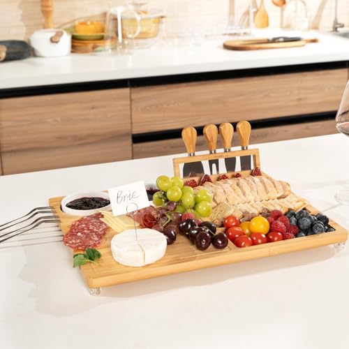 eleganlife Charcuterie Boards Set with Knives, Bamboo Cheese Board Large, Charcuterie Platters with Compartments, Serving Boards Gifts for Wedding, Birthday and Housewarming Party