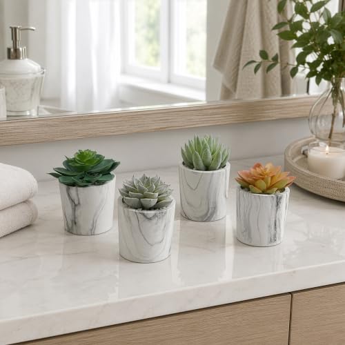 4.75" Set of Assorted Succulent Artificial Plants w/Fake Marble Pots -Green/Burgundy