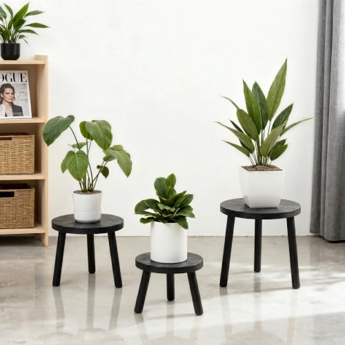Wood Plant Stands 3-Pack Indoor, Plant Stool, Black | Premium carbonized pine with moisture-resistant, burr-free finish, Snap together in 60 seconds, no tools needed - color: Black, size: 3-Pack