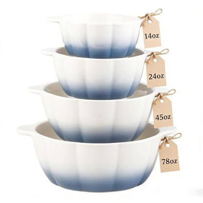 Large Soup Bowls Set of 4, Pumpkin Microwave Mixing Bowls with Handle, Ceramic Serving Bowls for Prepping, Pasta, Salad - Kitchen Cooking and Baking Supplies, Mothers Day Gift - color: White Blue, size: 4 Piece Set