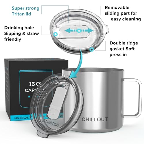 CHILLOUT LIFE Stainless Steel 16 oz Vacuum Insulated Coffee Mug with Handle and Lid, Large Thermal Camping Coffee Mug Cup with Durable Sliding Lid for Men & Women, Keeps your Beverages Hot & Cold - color: Stainless Steel, size: 16 Ounces