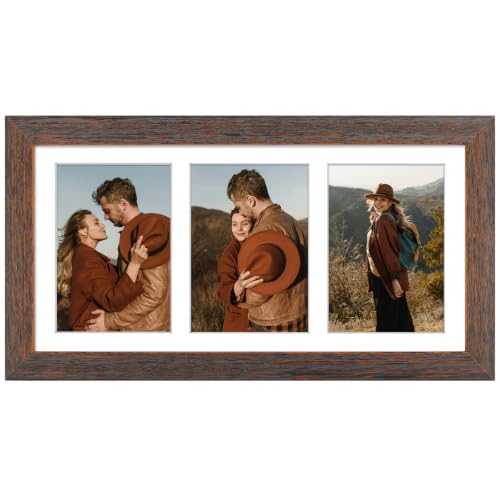 Golden State Art, Collage Frame 7x14 for 3 4x6 Photos Wood Distressed Brown | Clear Real Glass and White Mat, Horizontal & Vertical Display Multi Pictures For Gallery Wall, Home Decor & Holiday Gift - color: Distressed Brown With White Mat, size: 1 Pack