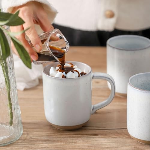 Ceramic Coffee Mugs Set of 4, 14oz Coffee Cups with Large Handle, Stoneware Two-Tone Tea Mugs for Latte, Cappuccino, Bluish White Speckled, Terracotta Base,Housewarming Gift,Dishwasher&Microwave Safe - color: White, size: 14 OZ