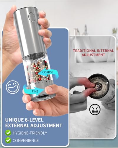 CIRCLE JOY 2-Speed Electric Salt and Pepper Grinder Set Rechargeable Stainless Steel Pepper Mills with Charging Base, LED Light and External Adjustable Coarseness for Hygienic Easy Use - color: Silver