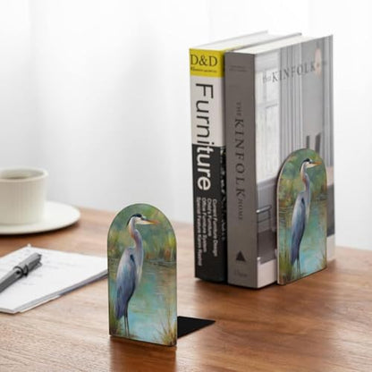 Majestic Blue Heron Bookends for Shelves 2 Pcs Wooden Book Stopper Organizer for Home Office Libraries