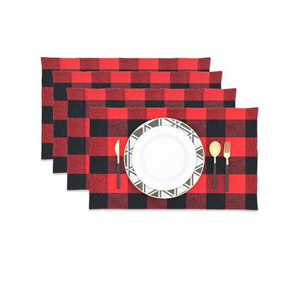 Red & Black 2 Side Cotton Buffalo Check Placemats Set of 4 Heat Resistant Dining Table Place Mats for Kitchen Table, 12 x 18 inches - color: Plaids Red & Black, size: Rectangular Placemats 12" x 18"