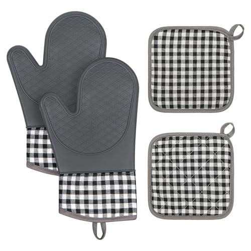 Tifanso 4PCS Heat Resistant Silicone Plaid Oven Mitts & Pot Holders, Grey | Non-Slip Grip Surface, Soft Cotton Lining, Ideal for Cooking Baking Grilling, Easy to Clean, Practical Kitchen Essential