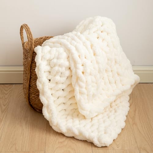 Chunky Knit Blanket Throw for Couch 40"×40" Cream | 100% Handmade Knitted Throw Blanket Fluffy Soft Blanket with Jumbo Chenille Yarn Thick - color: Cream, size: 40"*40"