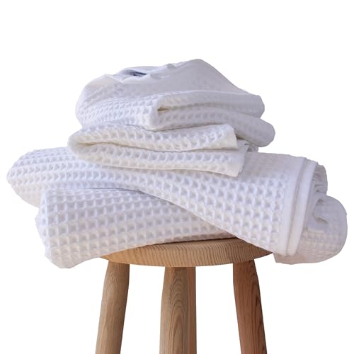 PÜSKÜL Natural 100% Turkish Cotton Waffle Towels Set for Bathroom (4-Piece) | White, Large Size 2 Hand and 2 Bath Towel, Quick-Dry Soft Absorbent Premium 3D Honeycomb Weave, Oeko-Tex Made in Turkey - color: White