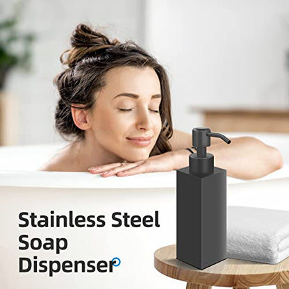 Black Soap Dispenser, Matte Black Stainless Steel, Rust-Proof Liquid Hand Dish Dispenser for Bathroom & Kitchen, 8.5 Oz Refillable Countertop Lotion Bottle (Square) - color: Square-black