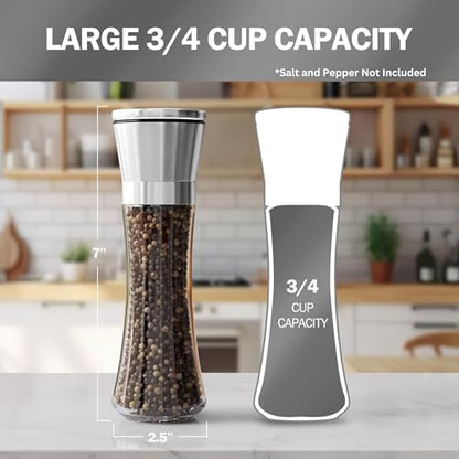 Home EC Premium Stainless Steel Sea Salt and Pepper Grinder Set of 2 - Adjustable Ceramic - Tall Glass Salt and Pepper Shakers - Kitchen Spice Mill W/Funnel & EBook - color: Clear Glass, size: 2pk