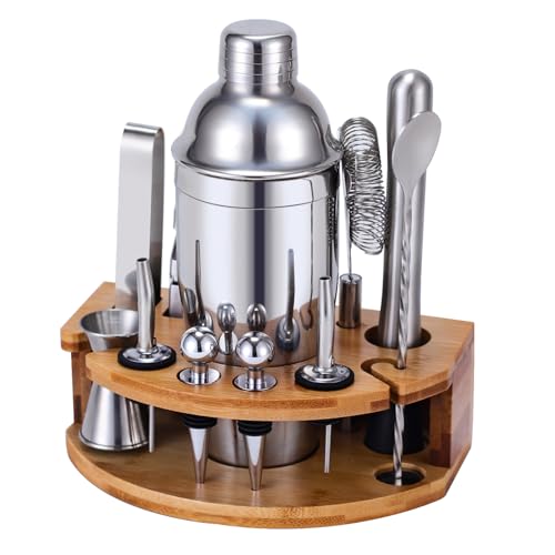 Cocktail Shaker Set Bartender Kit with Stand, 12 Piece Drink Mixer Set with Stainless Steel Bar Accessories Tools: 25oz Martini Shaker Jigger Strainer Spoon Muddler for Cocktails (Silver) - color: Silver