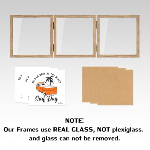 WUTL 3 Picture Frame Triple Collage 5x5 Frames with Real Glass Wood Grain | Trifold Photo Frame, Hinged Foldable, Crystal Clear Real Glass - color: Wood Grain, size: 5x5
