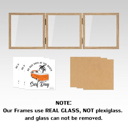 WUTL 3 Picture Frame Triple Collage 5x5 Frames with Real Glass Wood Grain | Trifold Photo Frame, Hinged Foldable, Crystal Clear Real Glass - color: Wood Grain, size: 5x5