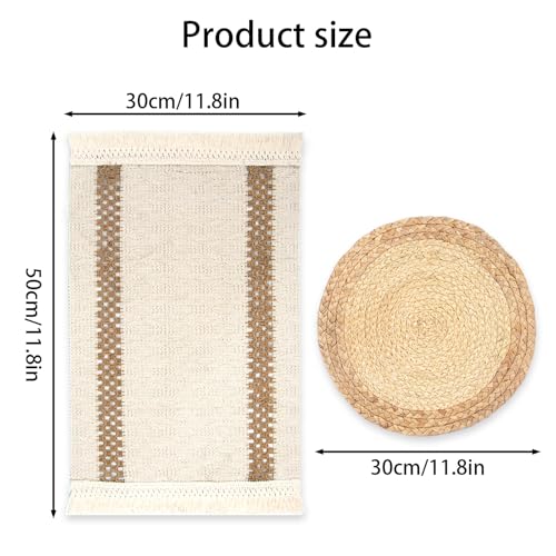 Boho Table Runner & 6-Piece Woven Placemats Set - Natural Cotton Burlap & Water Straw Combination, Bohemian Dining Decor for Kitchen & Parties