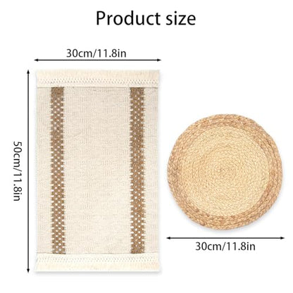 Boho Table Runner & 6-Piece Woven Placemats Set - Natural Cotton Burlap & Water Straw Combination, Bohemian Dining Decor for Kitchen & Parties