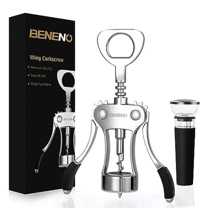 Beneno Wine Opener with Silicone Wine Vacuum Stopper, Matte Black | Durable Solid Zinc Alloy Body, Upgraded Precise Sharp-Edged Screw, Ergonomic Non-Slip Grip Wing Handle, Leak Proof Stopper - color: Matte Black