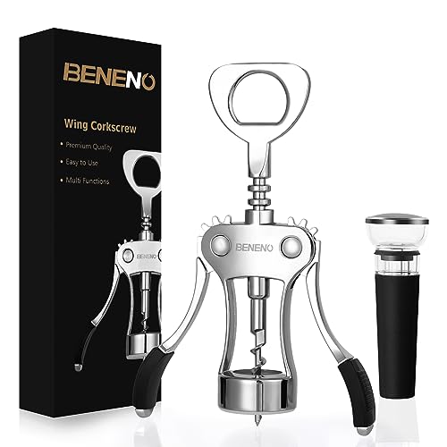 Beneno Wine Opener with Silicone Wine Vacuum Stopper, Matte Black | Durable Solid Zinc Alloy Body, Upgraded Precise Sharp-Edged Screw, Ergonomic Non-Slip Grip Wing Handle, Leak Proof Stopper - color: Matte Black