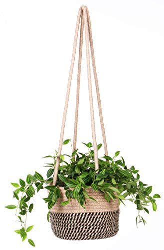 Hanging Planter Basket, Rope Woven Plant Holder hangers, Up to 7” Pot | Indoor plant hangers with macrame design. Modern storage organizer for home decor. Woven jute rope, perfect for plants. - color: Jute