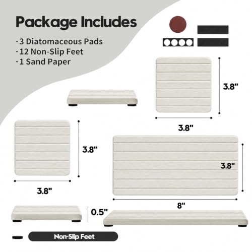 Diatomaceous Earth Sink Organizer Tray Set, 3-Pack Fast Drying Water Absorbing Stone Soap Holder Caddy for Kitchen & Bathroom Counter, Faucet Splash Guard, Beige (1pc of 8"x3.8" + 2pcs of 3.8"x3.8") - color: 3 Pack - Beige - 1pc of 8"x 3.8" and 2pcs of 3.