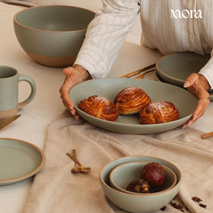 MORA Jumbo and Large Serving Dishes Set of 2, 13 inch and 12 inch Ceramic Pottery Oval Platters - Microwave, Oven and Dishwasher Safe - Thyme & Mushroom - color: Thyme & Mushroom, size: Jumbo & Large