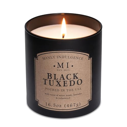 Manly Indulgence Black Tuxedo Jar Candle 16.5 oz - White Musk, Lavender, Cedarwood, Jasmine & Earthy Orris - Up to 60 Hour Burn - Soy Blend Wax, USA Poured - size: 16.5 oz - 1 Wick