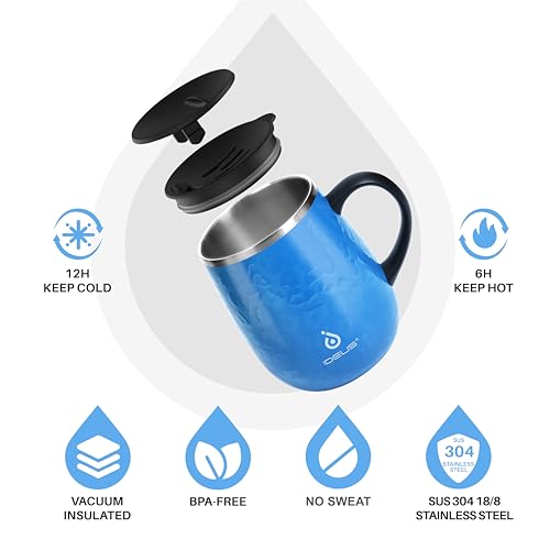 Ideus 16 oz Insulated Coffee Mug with Handle and Lid, Double Wall Stainless Steel Vacuum Thermal Coffee Mug, Travel Coffee Cup Thermal Cup for Home and Office (Leopard Blue, FUJI DAWN) - color: Leopard Blue